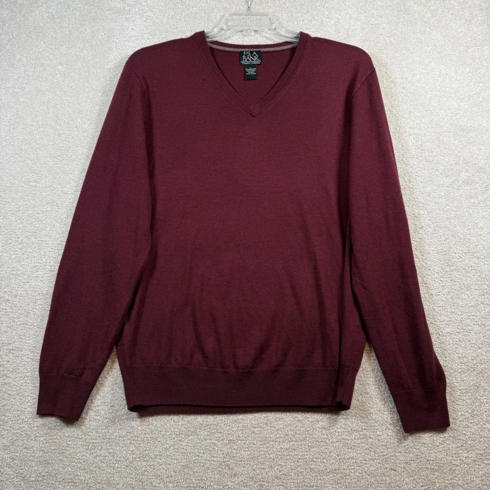Jos. A. Bank V-Neck Sweater Mens Large‎ Burgundy 100% Merino Wool